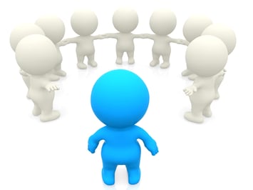 3D man joining a group of people in a circle over a white background